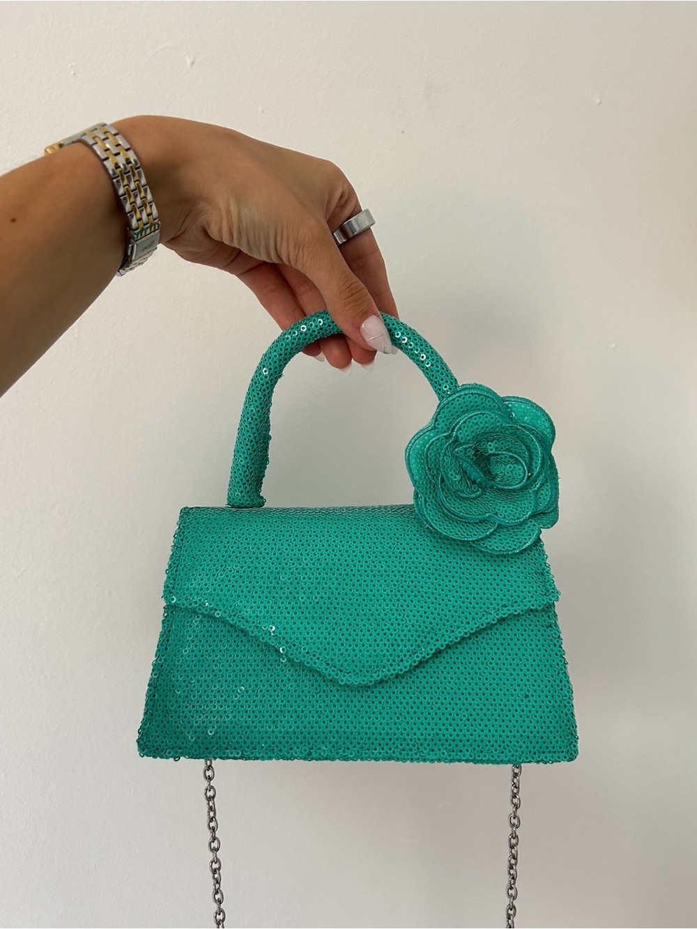 Sequined Teal Flower Accent Women's Mini Handbag